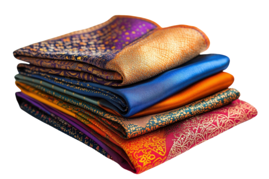 Vibrant stack of colorful silk scarves rich textures patterns luxurious fabrics bright jewel tones