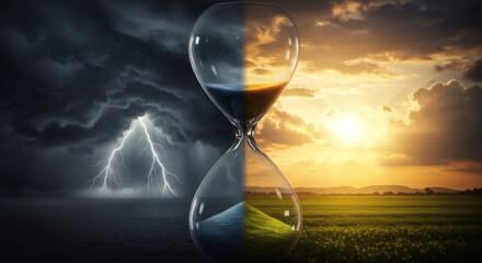 An hourglass beautifully divides a dramatic storm and a serene sunrise, a visual metaphor.