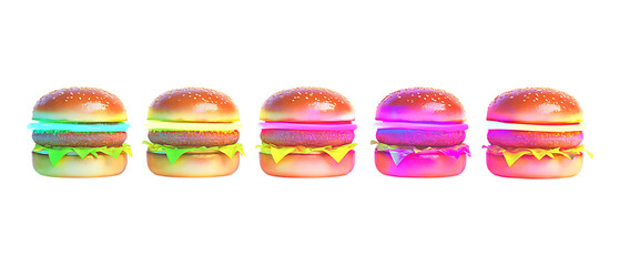 Pack of Glowing Neon Burger Against Transparent Background for Fast Food Branding, Advertising, or Neon Art Projects
