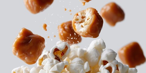 A close up of a bowl of popcorn with caramel and salt sprinkled on top. The popcorn is scattered all over the bowl, with some pieces missing. The bowl is almost empty