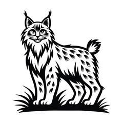Stylized Black and White Lynx Standing in Grass Patch. Bold Design
