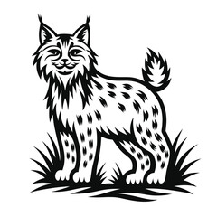 Silhouette of a Standing Wild Lynx on Grass, Feline Mammal, Predator, Black