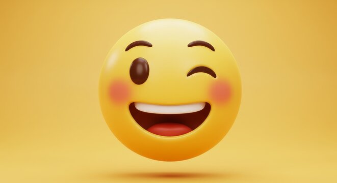 Happy Smiley Face Winking Fun - A cheerful 3D emoticon winking playfully, symbolizing joy, fun, friendship, positive vibes, and lightheartedness