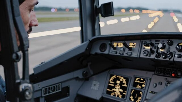 Professional pilot navigating aircraft cockpit, handling thrust levers and illuminated control panel during nighttime runway preparation for imminent takeoff
