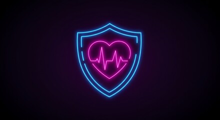 Heart Health Protection Shield - Neon graphic of a shield protecting a heart with a heartbeat line. Represents health security and wellbeing