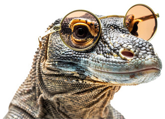 Komodo Dragon With Golden Eyeglass Isolated on a Plain Background