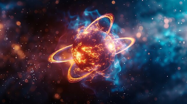 Glowing electron cloud orbiting a nucleus visualizing uncertainty principle