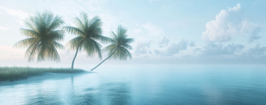 Three Palm Trees Stand Beside Tranquil Ocean Waters Under Soft Skies - Powered by Adobe
