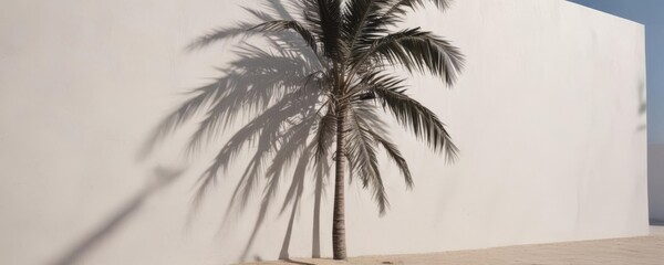 Deep, textured palm shadow on sunlit white wall, intense contrast ,  background,  vacation background