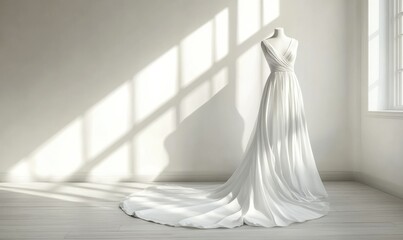 Elegant white gown displayed on mannequin in sunlit minimalist room.