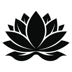 Black and White Lotus Flower Silhouette with Multiple Layered Petals Isolated on White