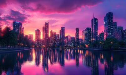 Fototapeta premium Futuristic cityscape glowing under a vibrant pink and purple twilight sky, intricate reflections creating a dynamic urban energy, .