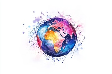 Global Network Connection - Watercolor painting of Earth with interconnected lines, symbolizing global communication and networking. Vibrant colors and artistic