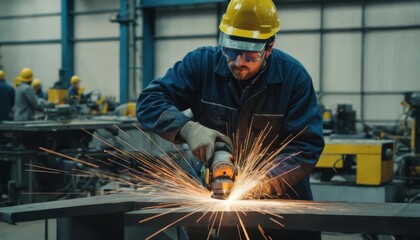 Man worker working with a metal product and welding it with a arc welding machine in a workshop. Industrial manufacturing. Welding metal part in a factory. Orange sparks. Copy space.
