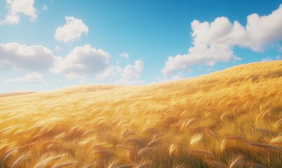 Golden wheat fields swaying gently in the wind under a bright blue sky, vibrant natural tones and soft diffused lighting creating a serene rural vibe,