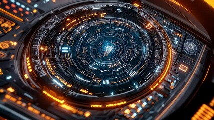 Futuristic technological interface close up displaying advanced design and control panel
