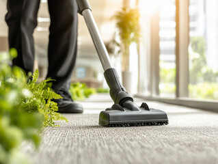 Janitor cleaning office corridor carpet with vacuum cleaner
