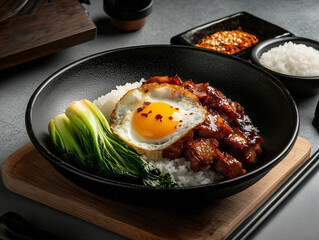 Char siu rice bowl with fried egg and bok choy enhancing asian cuisine
