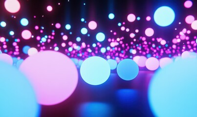 Large glowing spheres floating in dark space, surrounded by trails of light in various shades of blue and pink .