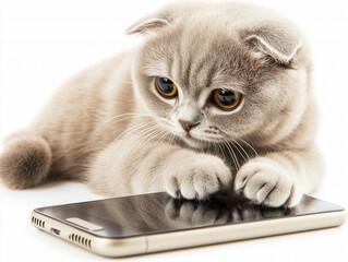 Cute kitten playing with smartphone on a white background