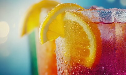Macro shot of colorful holiday cocktails with citrus garnish, bright tones and glossy textures highlighted by diffused light, clean festive drink concept,