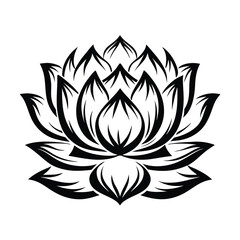 Stylized Lotus Flower Blossom, Black Ink Drawing with Intricate Petal Design, White Background