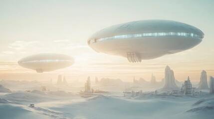 Naklejka premium Futuristic airships over frozen landscape