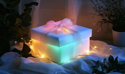 Pastel gift box wrapped with a delicate bow, surrounded by glowing fairy lights, softly illuminated to create a cheerful and festive presentation