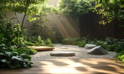 Peaceful zen garden with a variety of green plants, smooth stones, wooden paths, sunlight streaming through leaves, calm and meditative outdoor space, minimalist Japanese style,