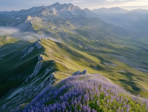 Blooming purple flowers covering rolling hills in the italian apennines at sunrise