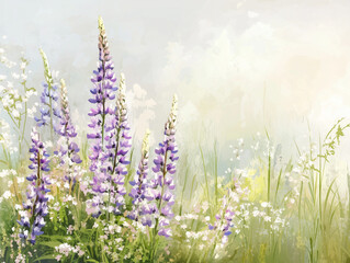Purple lupine flowers growing in a green meadow painting