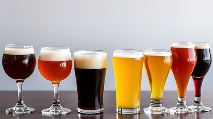 A lineup of various beer styles showcasing a range of colors and tastes, served in stemmed glasses.