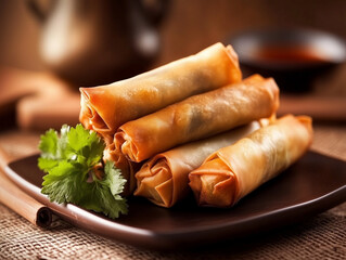 Crispy fried spring rolls with cilantro on brown plate