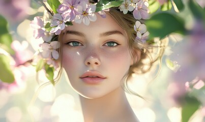 A serene portrait of woman adorned with pink flower crown.