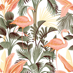 Tropical vintage palm tree, pink banana tree, pink flamingo, yellow leaves floral seamless pattern white background. Exotic jungle wallpaper.