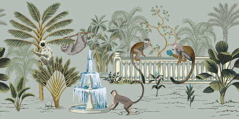 Park landscape, gallery, monkey, lemur, sloth animal, fountain, palm trees floral seamless border grey background. Garden botanical mural.