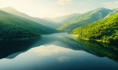 Lake nestled between lush, green mountains under a clear sky.