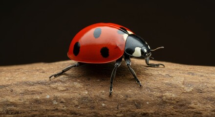 Fototapeta premium Ladybug on Wood Branch - A vibrant red ladybug with black spots crawls on a rustic brown wooden branch. Symbolizing: luck, nature, spring, life, and good fortune