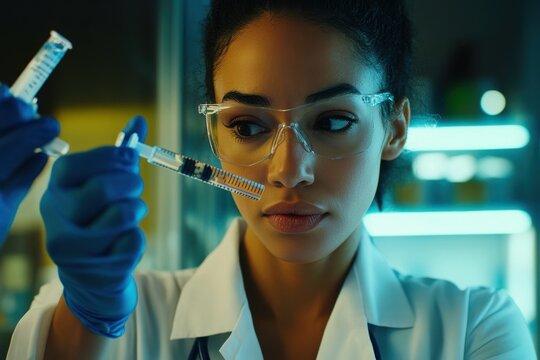 Data processing in a laboratory by a biracial female doctor during recent medical research, data processing over biracial female doctor with vaccine