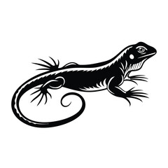 Black Monochrome Lizard Silhouette with Detailed Spikes and Curled Tail On White