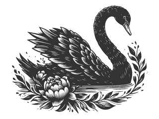 Obraz premium graceful black swan with spread wings nestled among blooming roses in tattoo-inspired design sketch engraving generative ai vector illustration. Scratch board imitation. Black and white image.