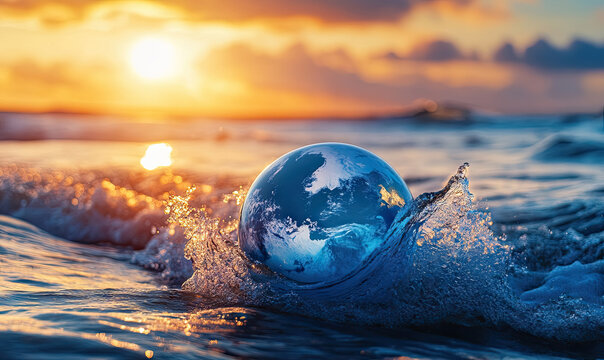 A symbolic representation of earth's interconnectedness with the ocean at sunset with copy space for World Oceans Day