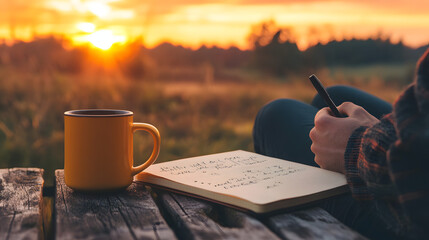 Golden Hour Reflection: A contemplative moment unfolds at dawn or dusk, as a person sits beside a steaming mug, writing thoughts into a journal, the warm sunlight illuminating the scene. 