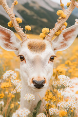 Close up of magnificent deer buck cervid grazing peacefully in a serene mountain meadow surrounded by vibrant white and yellow orange wildflowers