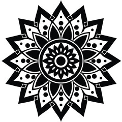 black and white symmetrical floral mandala pattern, intricate geometric design, zentangle art, detailed ornamental flower, highly detailed, sharp focus,