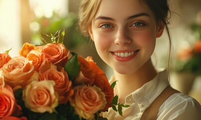 Naklejka premium Portrait of a smiling florist holding a bouquet of vibrant roses, soft natural light highlighting her features and the intricate floral details,