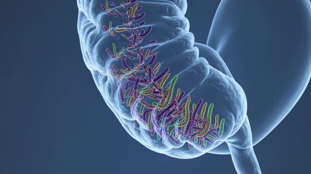 Large intestine interior progressively filling with diverse, colorful microorganisms representing complex gut microbiome dynamics and intestinal health interactions