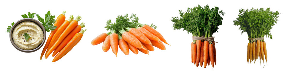 A collection of fresh carrots in different arrangements, with parsley and hummus, isolated on a transparent background.