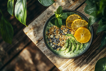 Enjoying a Delightful Brunch Featuring Avocado Toast and a Refreshing Smoothie Bowl With Fresh Fruits and Granola on a Sunny Day