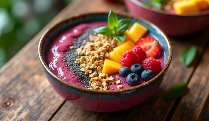 Vibrant smoothie bowl with fresh fruits, granola, and chia seeds on rustic wooden table, indoor food photography, healthy breakfast

